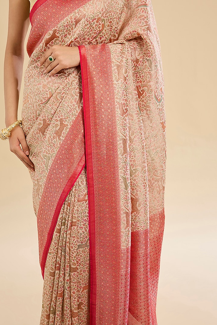 Beige Silk Embroidered & Printed Party Wear Saree Set by NARMADESHWARI at Pernia's Pop Up Shop