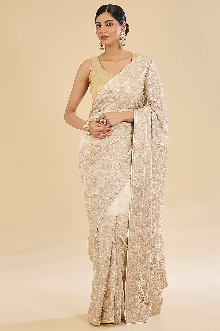 Beige Georgette Embroidered Festive Saree Set by NARMADESHWARI at Pernia's Pop Up Shop