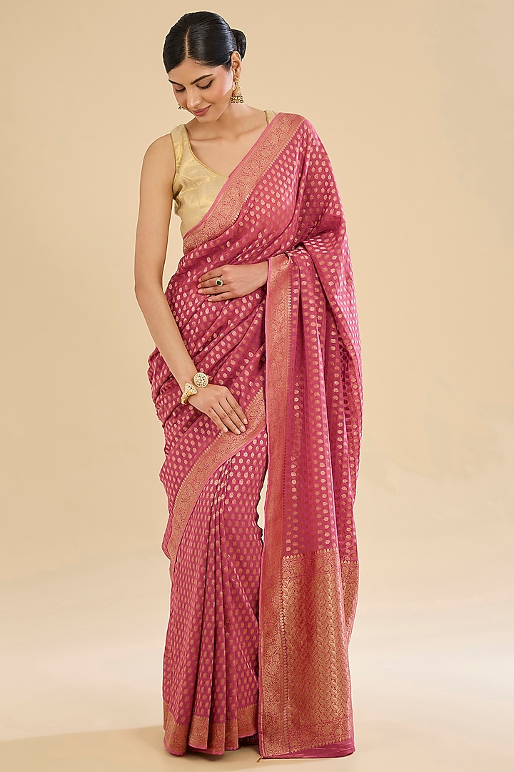 Pink Khaddi Georgette Embroidered Festive Saree Set by NARMADESHWARI at Pernia's Pop Up Shop