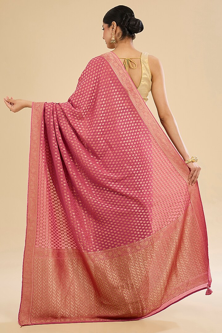 Pink Khaddi Georgette Embroidered Festive Saree Set by NARMADESHWARI at Pernia's Pop Up Shop
