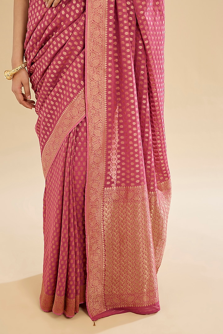 Pink Khaddi Georgette Embroidered Festive Saree Set by NARMADESHWARI at Pernia's Pop Up Shop