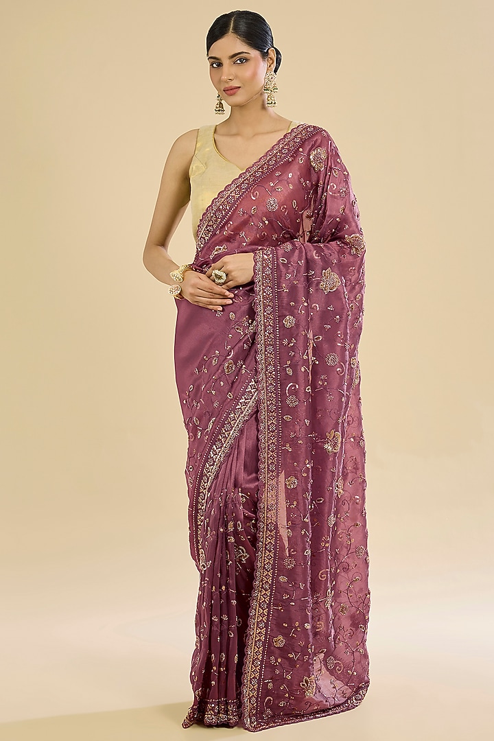 Pink Tissue Embroidered Party Wear Saree Set by NARMADESHWARI at Pernia's Pop Up Shop