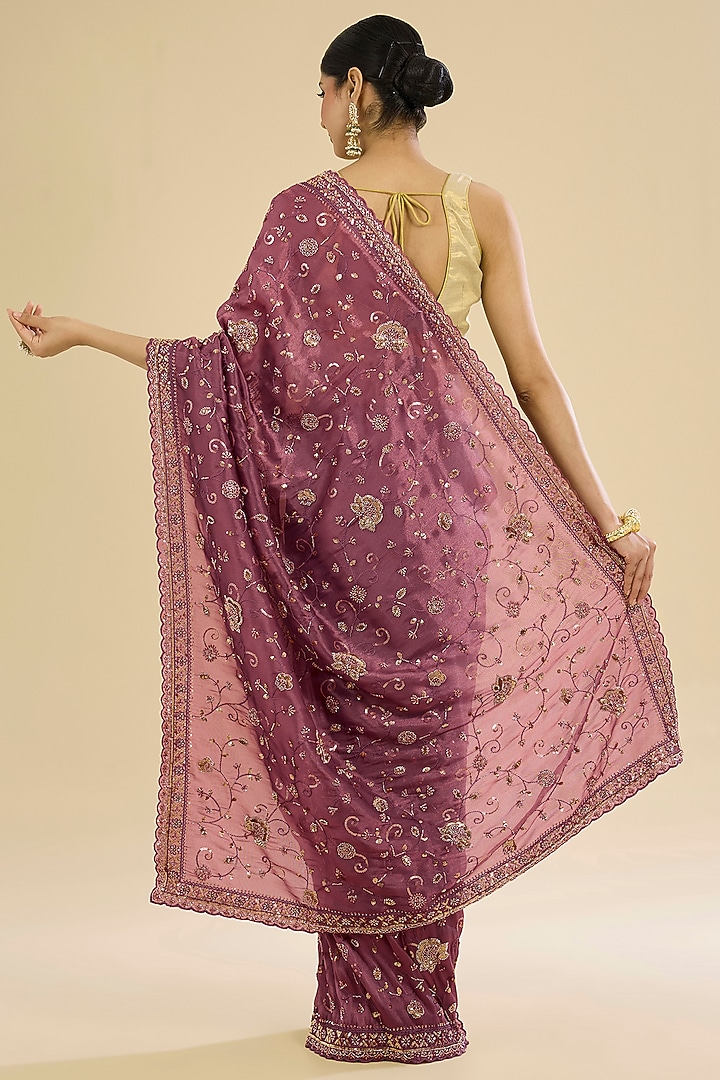Pink Tissue Embroidered Party Wear Saree Set by NARMADESHWARI at Pernia's Pop Up Shop