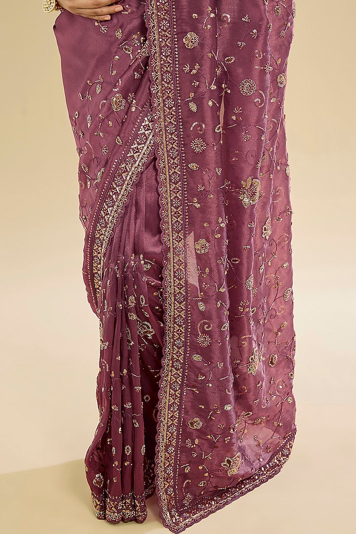 Pink Tissue Embroidered Party Wear Saree Set by NARMADESHWARI at Pernia's Pop Up Shop