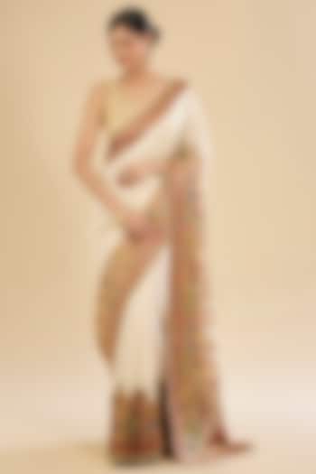 Beige Crepe Silk Embroidered Festive Saree Set by NARMADESHWARI at Pernia's Pop Up Shop