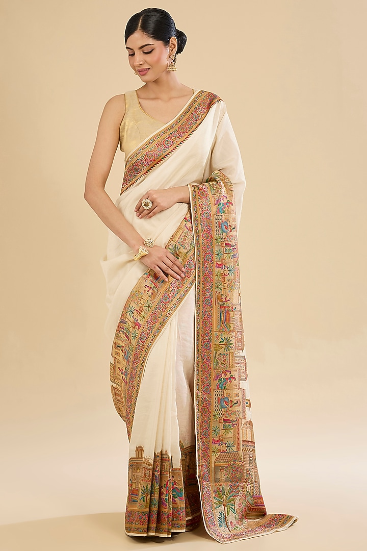 Beige Crepe Silk Embroidered Festive Saree Set by NARMADESHWARI at Pernia's Pop Up Shop