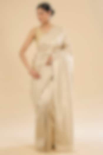 Beige Tissue Silk Embroidered Festive Saree Set by NARMADESHWARI at Pernia's Pop Up Shop