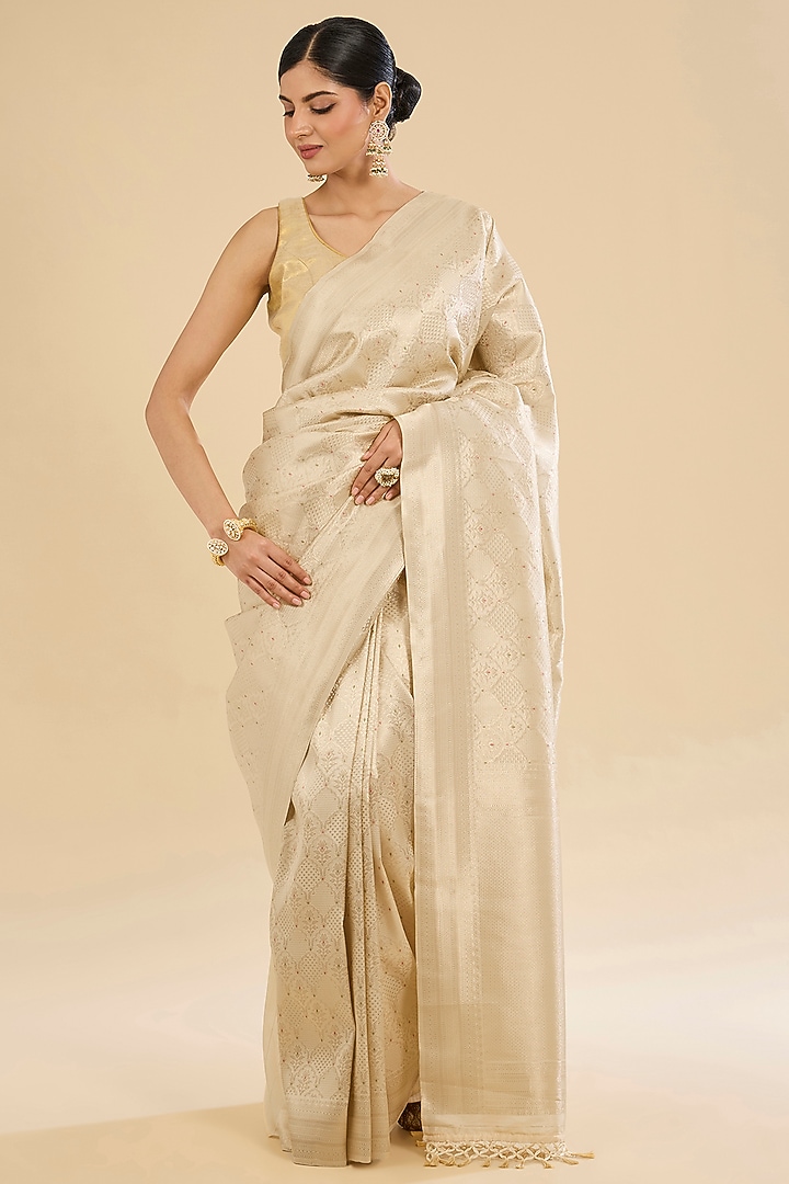 Beige Tissue Silk Embroidered Festive Saree Set by NARMADESHWARI at Pernia's Pop Up Shop