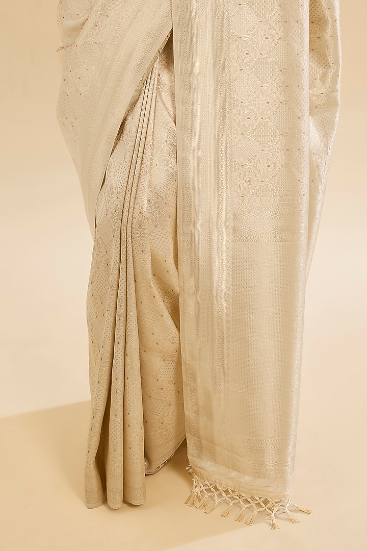 Beige Tissue Silk Embroidered Festive Saree Set by NARMADESHWARI at Pernia's Pop Up Shop