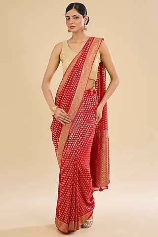 Red Khaddi Georgette Embroidered Saree Set by NARMADESHWARI