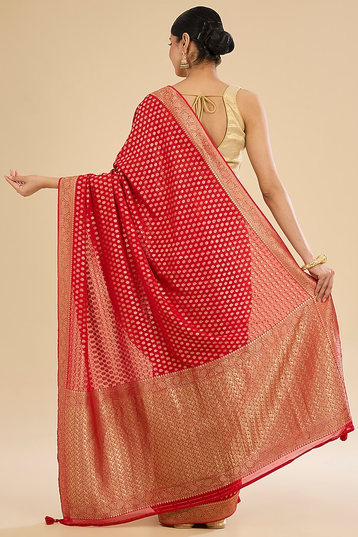 Red Khaddi Georgette Embroidered Festive Saree Set by NARMADESHWARI at Pernia's Pop Up Shop