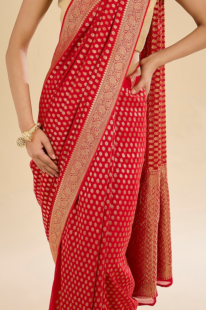 Red Khaddi Georgette Embroidered Festive Saree Set by NARMADESHWARI at Pernia's Pop Up Shop