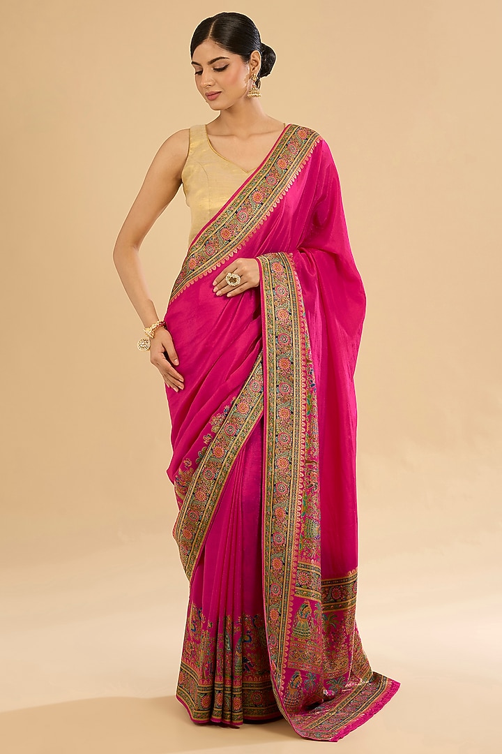 Pink Crepe Silk Embroidered Festive Saree Set by NARMADESHWARI at Pernia's Pop Up Shop