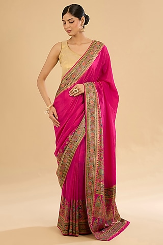 Pink Crepe Silk Embroidered Saree Set by NARMADESHWARI