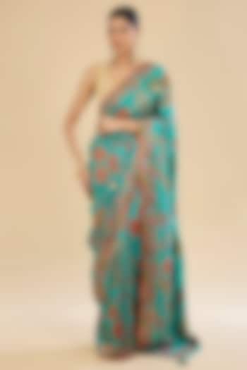 Green Crepe Silk Printed Party Wear Saree Set by NARMADESHWARI at Pernia's Pop Up Shop