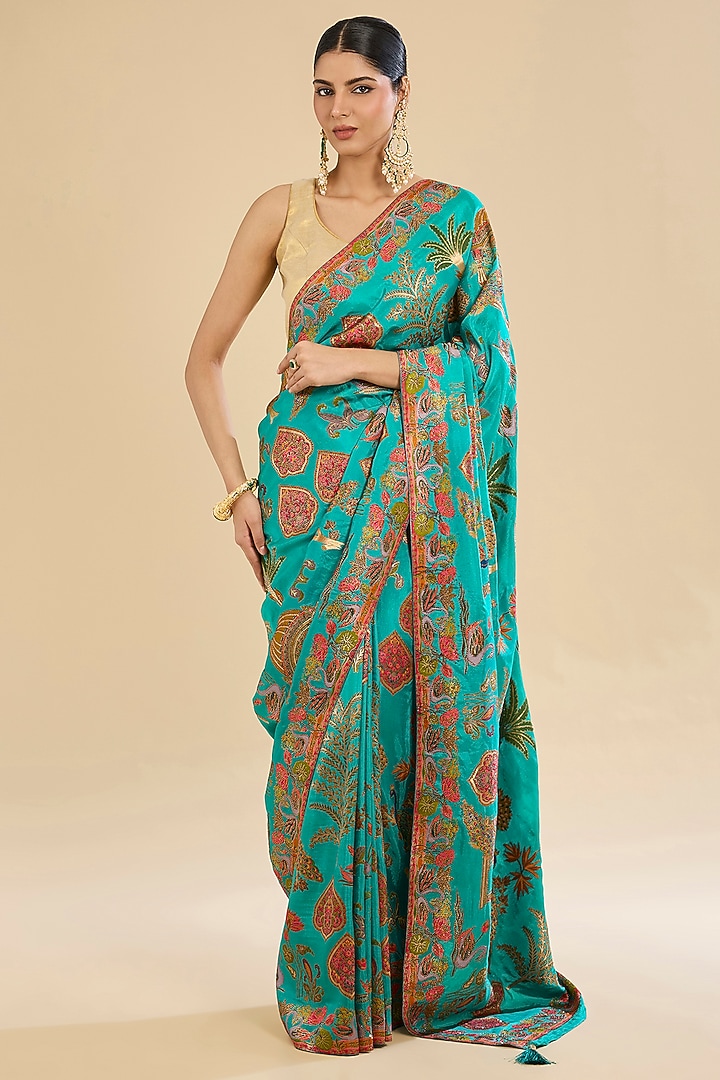 Green Crepe Silk Printed Party Wear Saree Set by NARMADESHWARI at Pernia's Pop Up Shop