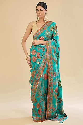 Green Crepe Silk Printed Saree Set by NARMADESHWARI