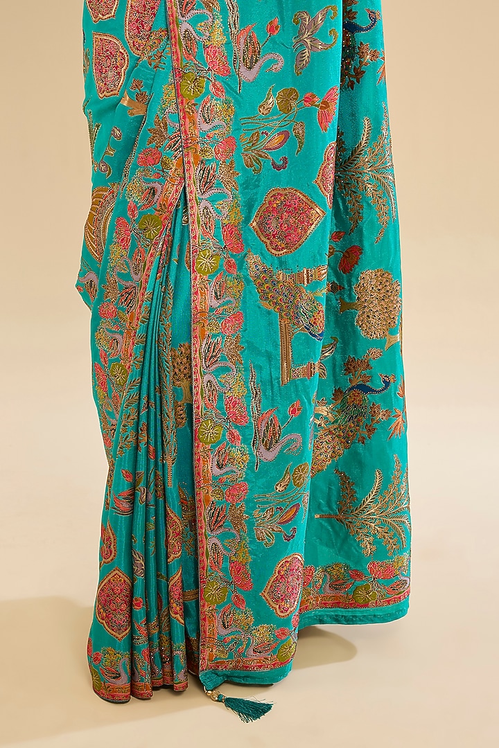 Green Crepe Silk Printed Party Wear Saree Set by NARMADESHWARI at Pernia's Pop Up Shop