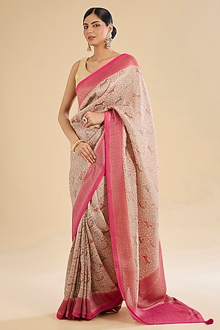 Beige Blend Silk Saree Set by NARMADESHWARI