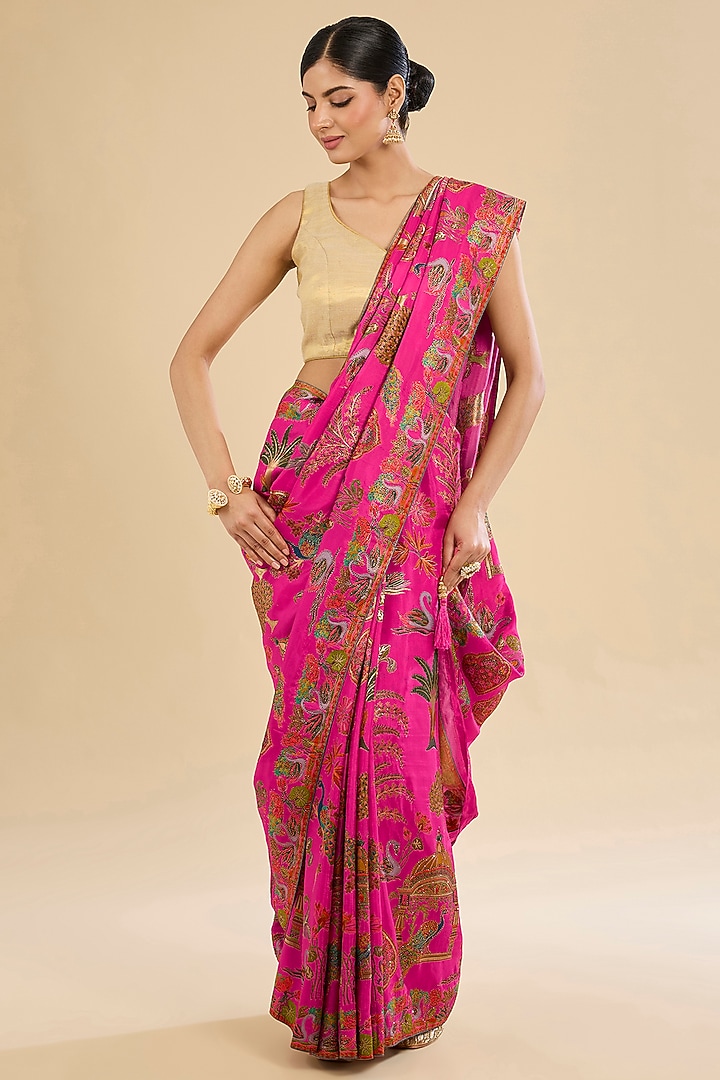 Pink Crepe Silk Embroidered & Printed Party Wear Saree Set by NARMADESHWARI at Pernia's Pop Up Shop