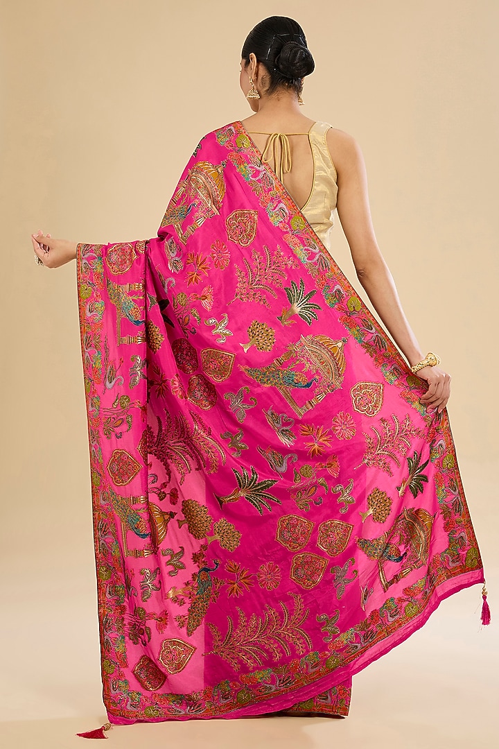 Pink Crepe Silk Embroidered & Printed Party Wear Saree Set by NARMADESHWARI at Pernia's Pop Up Shop