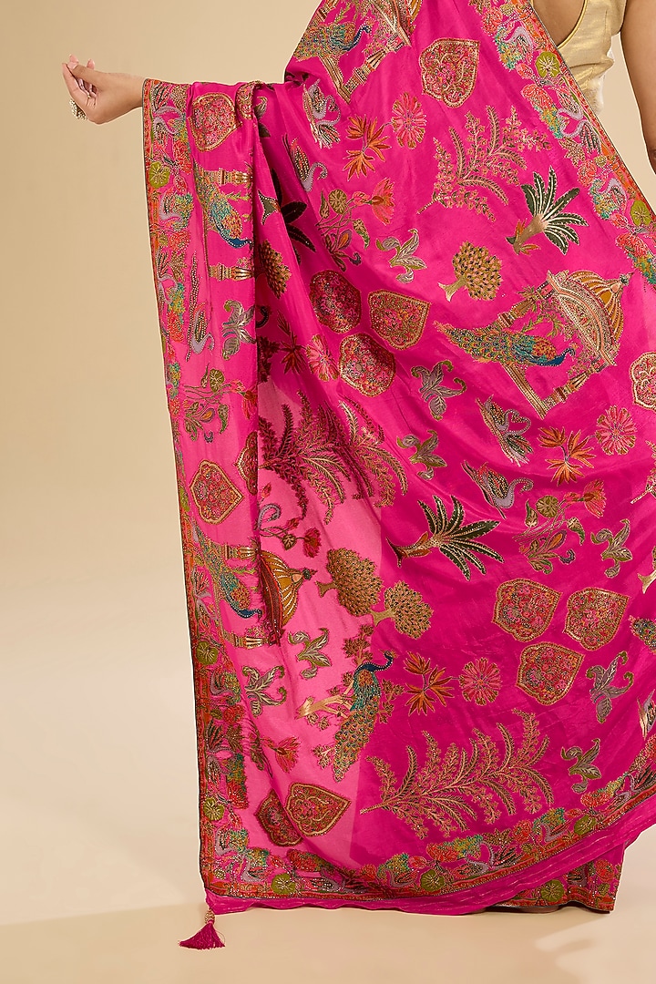 Pink Crepe Silk Embroidered & Printed Party Wear Saree Set by NARMADESHWARI at Pernia's Pop Up Shop