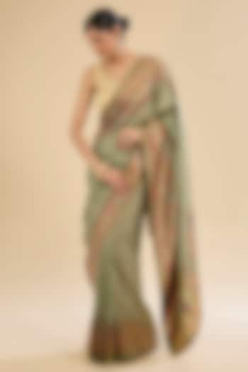 Green Blend Silk Printed Festive Saree Set by NARMADESHWARI at Pernia's Pop Up Shop