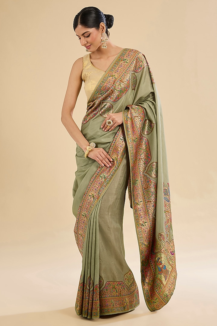 Green Blend Silk Printed Festive Saree Set by NARMADESHWARI at Pernia's Pop Up Shop