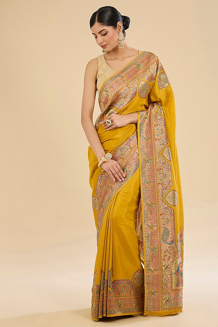 Yellow Blend Silk Printed Festive Saree Set by NARMADESHWARI at Pernia's Pop Up Shop