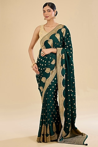 Blue Crepe Silk Embroidered Saree Set by NARMADESHWARI