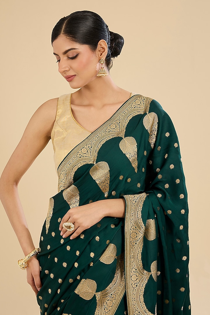 Blue Crepe Silk Embroidered Festive Saree Set by NARMADESHWARI at Pernia's Pop Up Shop