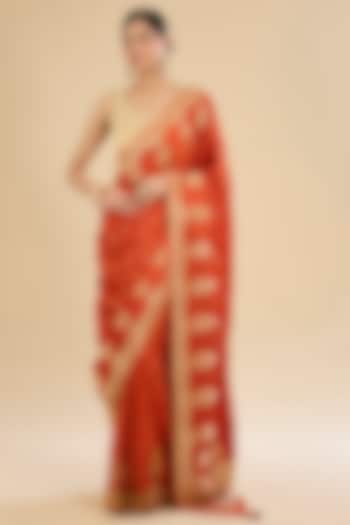 Red Crepe Silk Embroidered Festive Saree Set by NARMADESHWARI at Pernia's Pop Up Shop