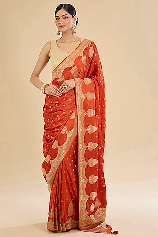 Red Crepe Silk Embroidered Saree Set by NARMADESHWARI