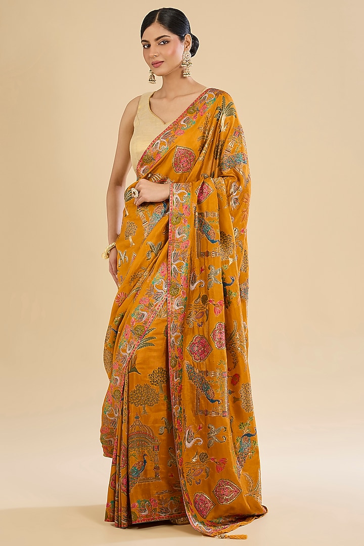 Yellow Crepe Silk Embroidered Party Wear Saree Set by NARMADESHWARI at Pernia's Pop Up Shop