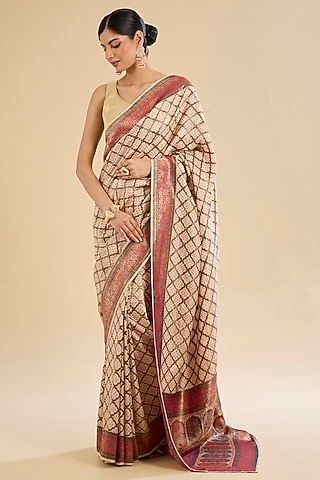 White Silk Embroidered Saree Set by NARMADESHWARI