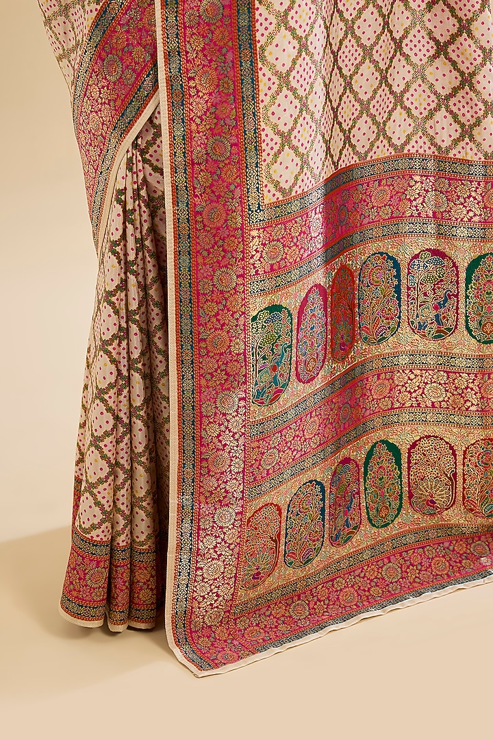 White Silk Embroidered Festive Saree Set by NARMADESHWARI at Pernia's Pop Up Shop
