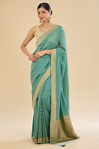 Green Georgette Embroidered Saree Set by NARMADESHWARI