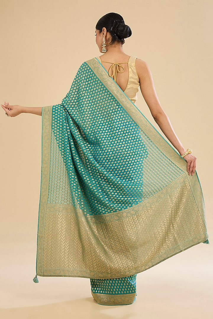 Green Georgette Embroidered Festive Saree Set by NARMADESHWARI at Pernia's Pop Up Shop