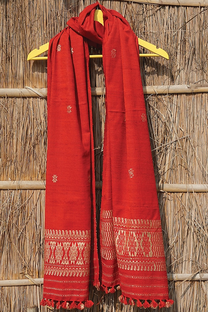 Red Handwoven Natural Dye Stole by Narmohandas