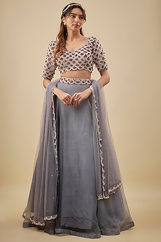 Grey Organza Lehenga Set by NAS