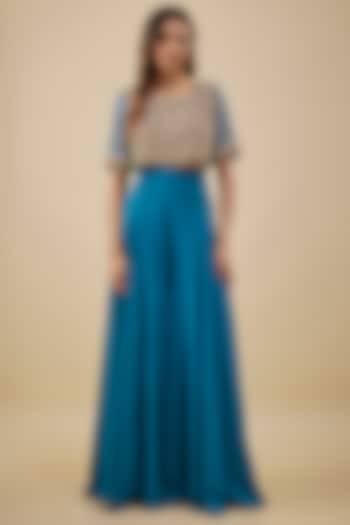 Turquoise Blue Crepe High-Waist Flared Pant Set by NAS at Pernia's Pop Up Shop