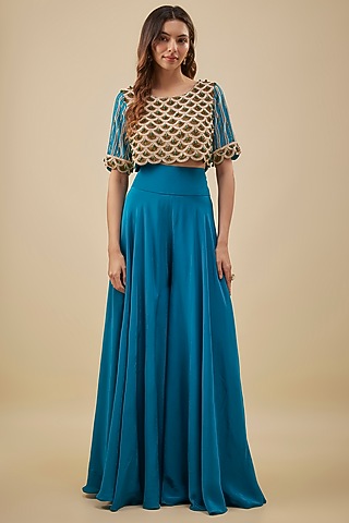Turquoise Blue Crepe High-Waist Flared Pant Set by NAS