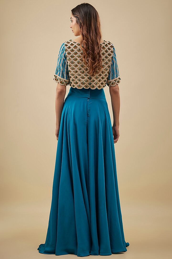 Turquoise Blue Crepe High-Waist Flared Pant Set by NAS at Pernia's Pop Up Shop