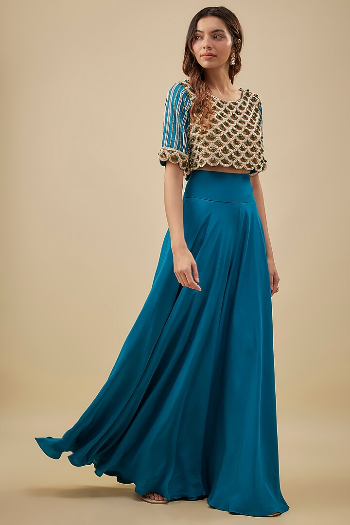 Turquoise Blue Crepe High-Waist Flared Pant Set by NAS at Pernia's Pop Up Shop