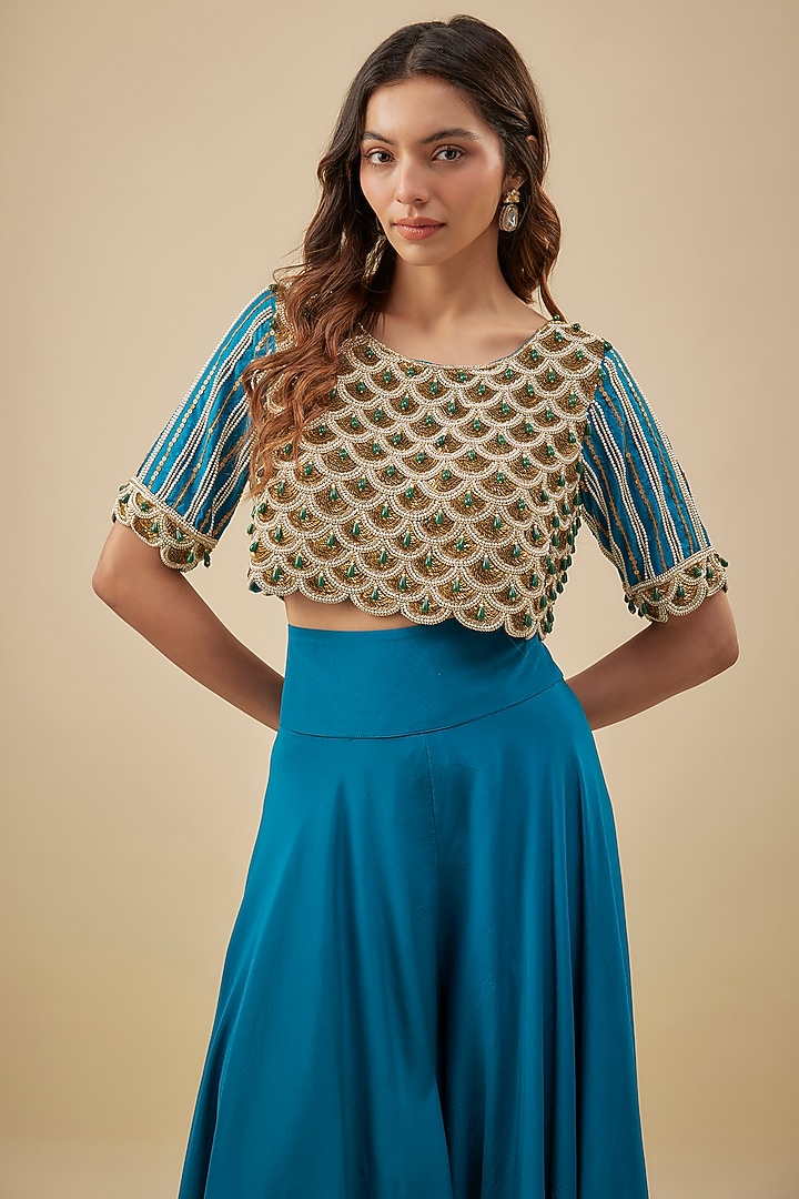 Turquoise Blue Crepe High-Waist Flared Pant Set by NAS at Pernia's Pop Up Shop