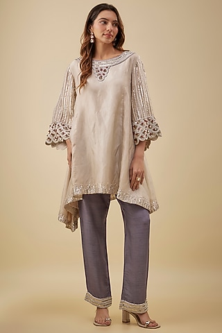 Gold Tissue Metal Tikki Hand Embroidered Kurta Set by NAS