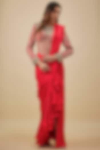 Red Satin & Chiffon Ruffled Stitched Reception Saree Set by NAS at Pernia's Pop Up Shop