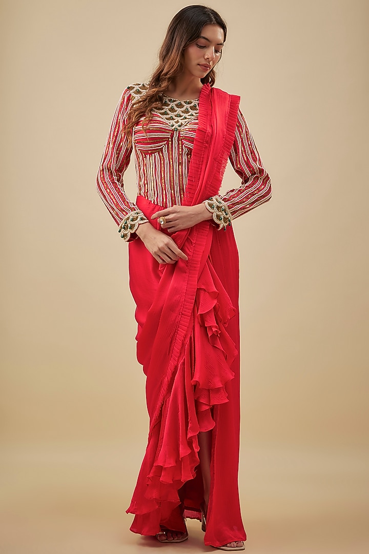Red Satin & Chiffon Ruffled Stitched Reception Saree Set by NAS at Pernia's Pop Up Shop