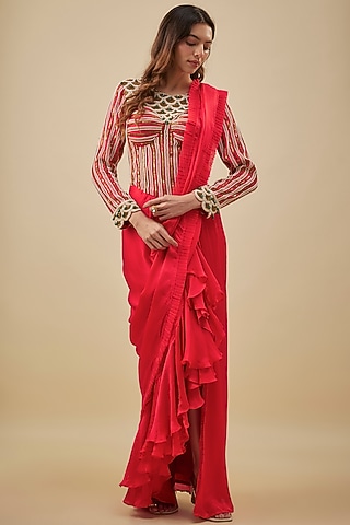 Red Satin & Chiffon Ruffled Stitched Saree Set by NAS