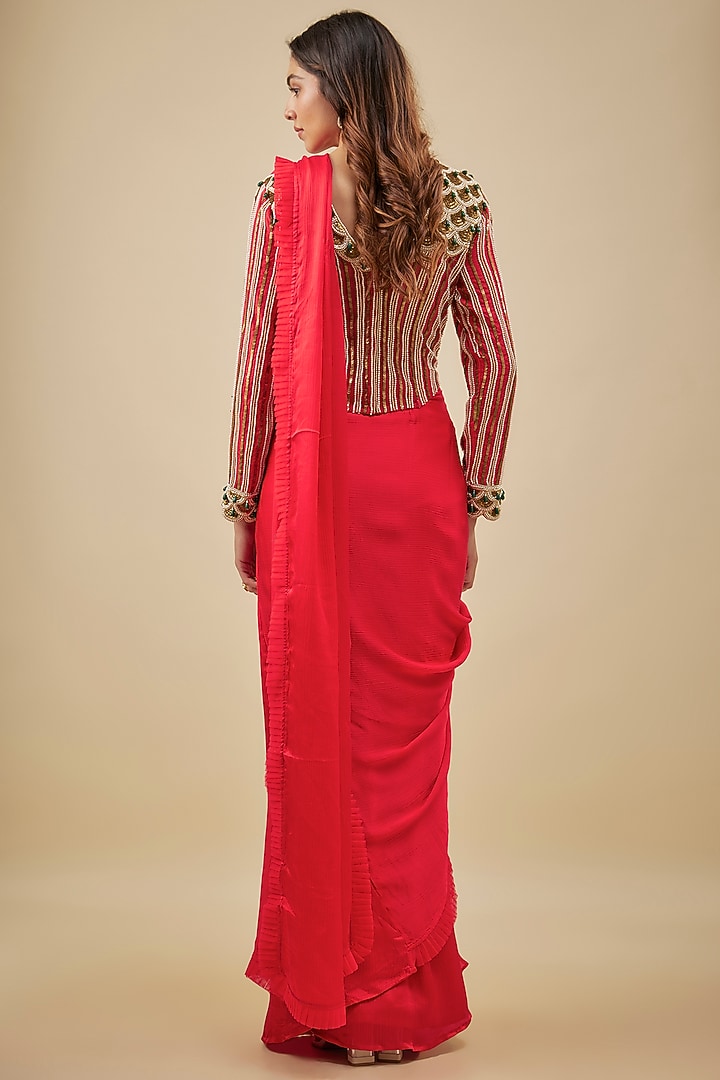 Red Satin & Chiffon Ruffled Stitched Reception Saree Set by NAS at Pernia's Pop Up Shop